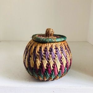Vintage Multicolor Woven Basket with Lid